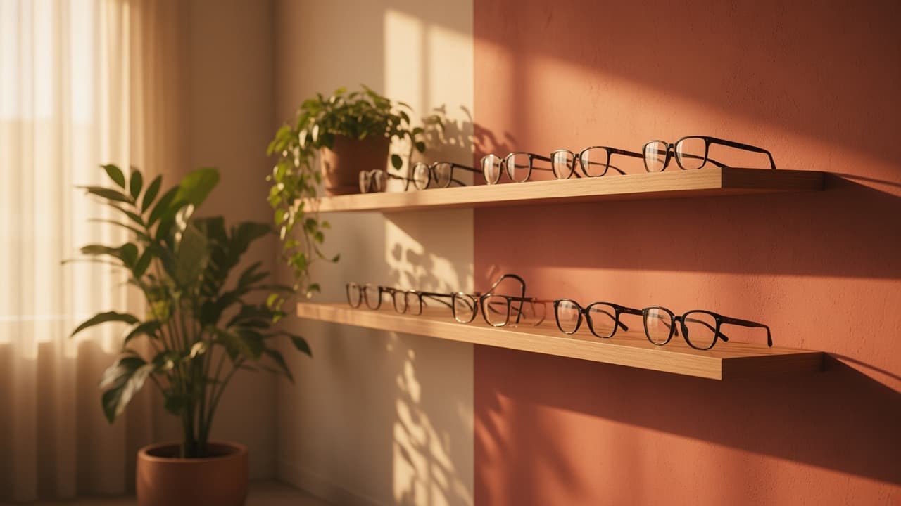 Parede de uma ótica com armações expostas em prateleiras de madeira, iluminada pelo sol da tarde